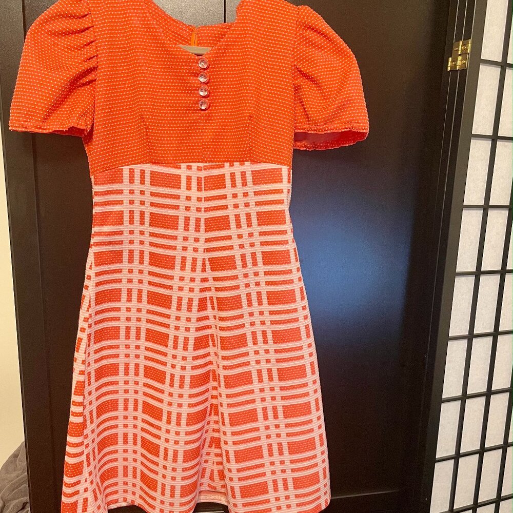 Orange and White Vintage Dress with Puff Sleeves, Polka Dots, & Plaid Detail